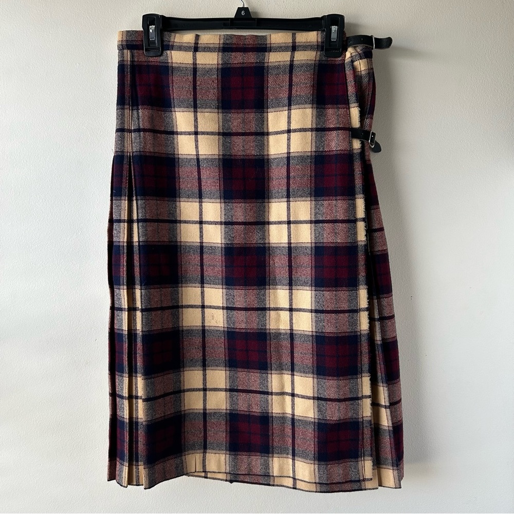 Glenisla 100% Wool Vintage Plaid Pleated Modest Midi Skirt 14